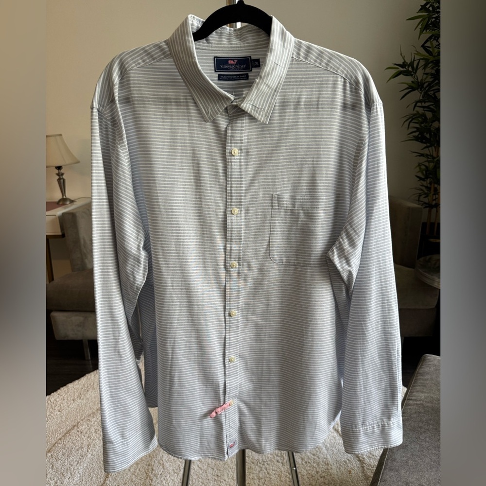 Vineyard Vines Blue and White Slim Fit Murray Striped Cotton and Linen Shirt XL